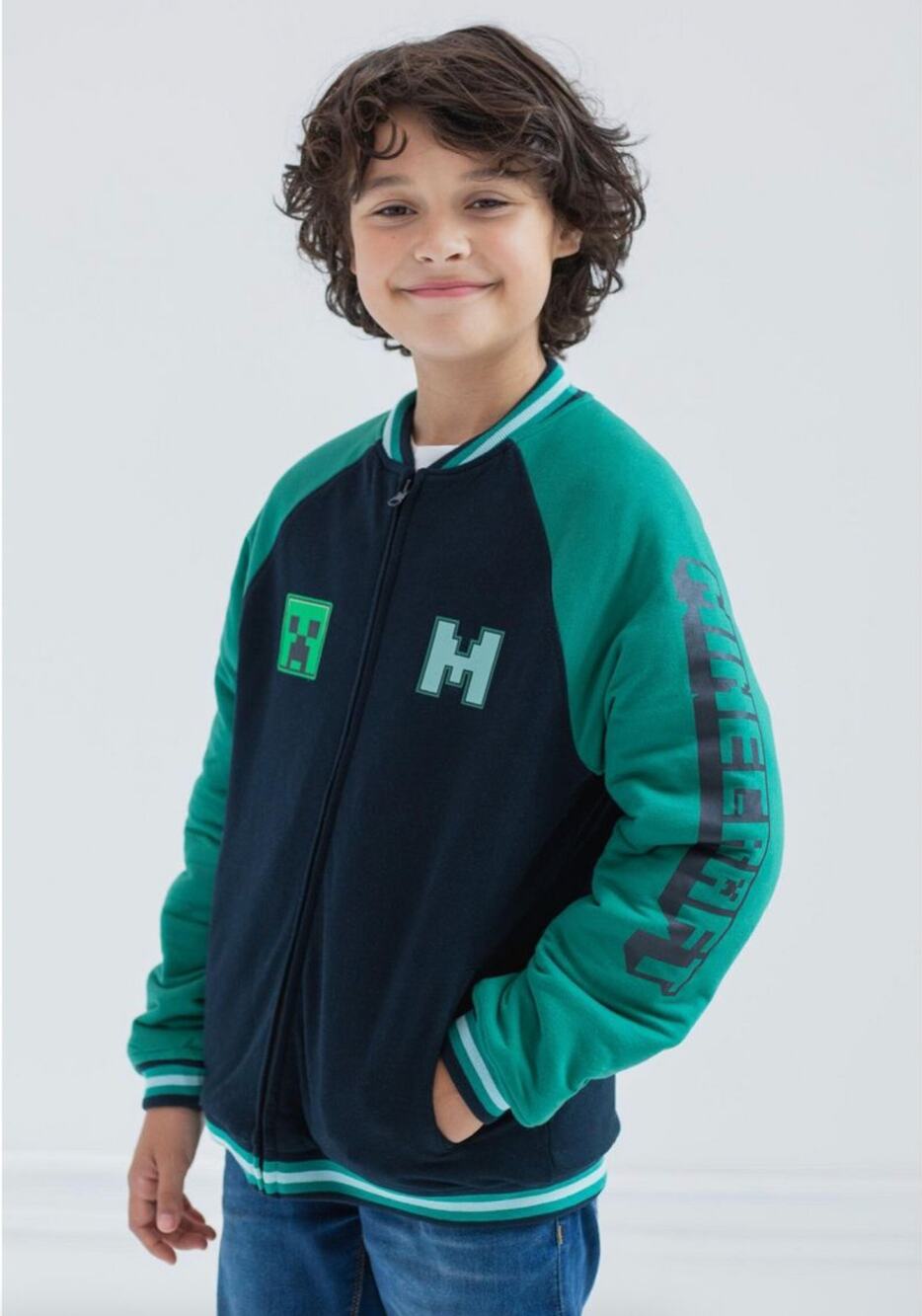 Minecraft Creeper Boys French Terry Zip Up Varsity Bomber Jacket Black 18/20
